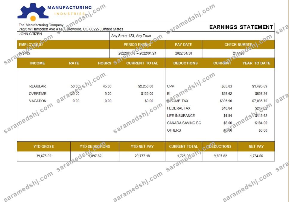 manufacturing company  payslip template in Word and PDF formats